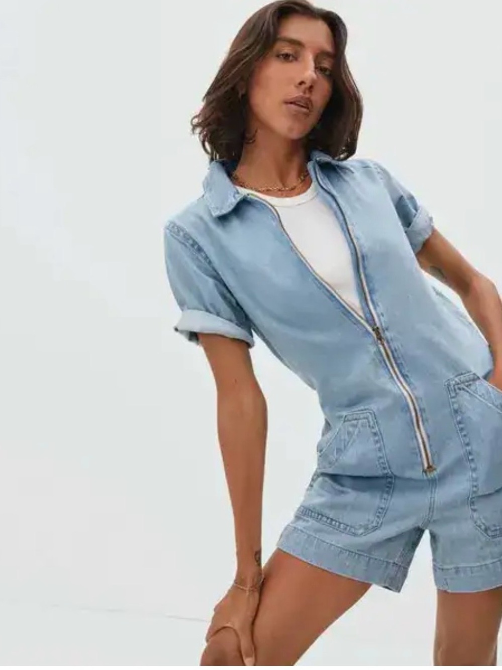 Everlane Light Blue Denim Zip Romper